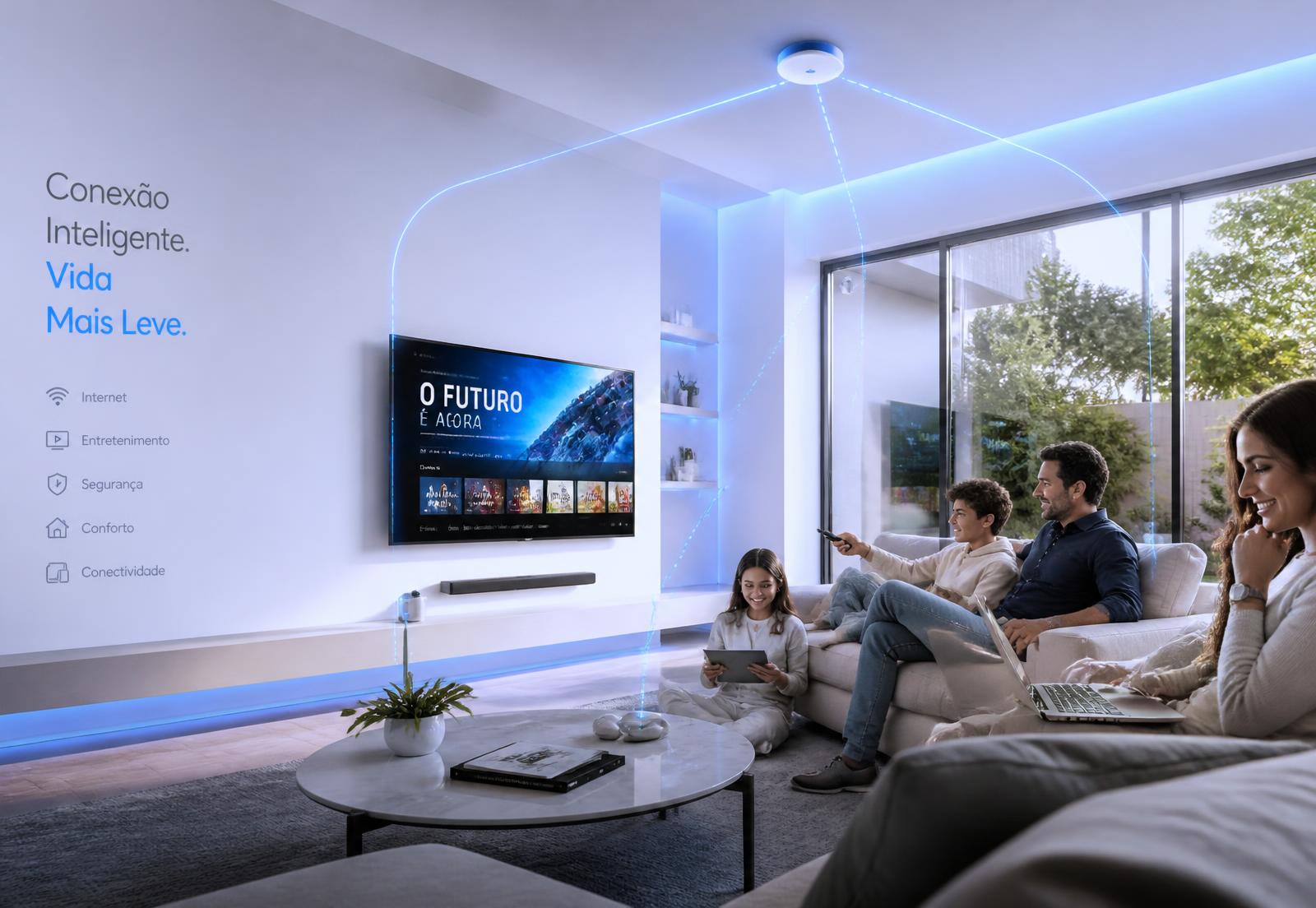 Família conectada em casa inteligente com internet fibra óptica NetMania